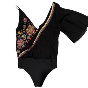 ZARA Embroidered Beaded Bodysuit Size S Asymmetrical One Shoulder Boho Glam Y2K